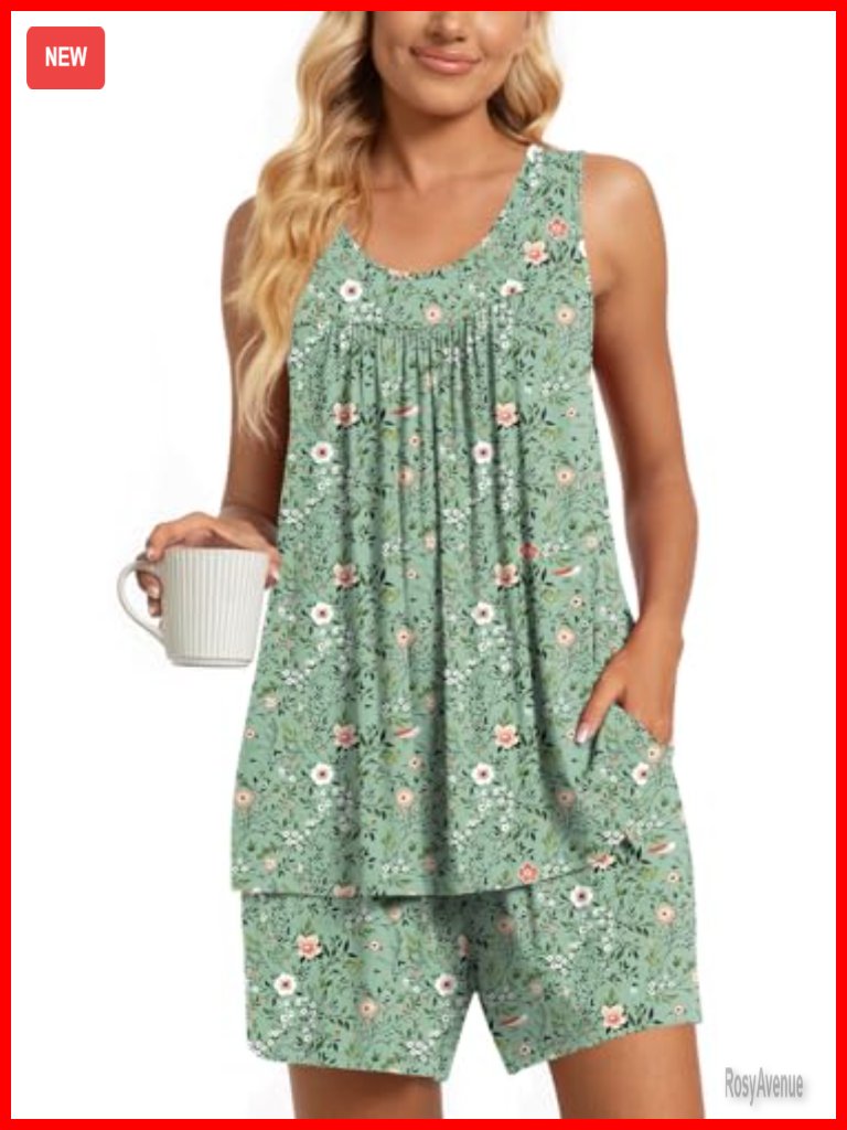 2 Piece Sleeveless Pajama Set With Pockets Soft Rayon Lounge Sleepwear Ladies